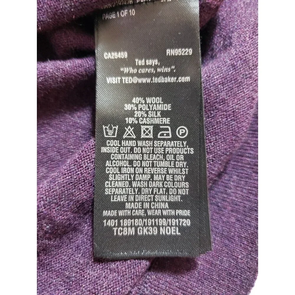 Ted Baker Mens Purple V-Neck Sweater wool silk‎ cashmere Size 5